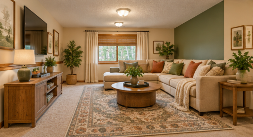 Lower level family room Furniture and accessories are AI, everything else about the room is real.