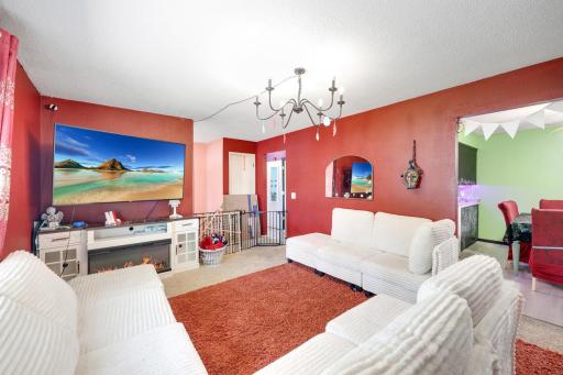 Living room flows into dining room