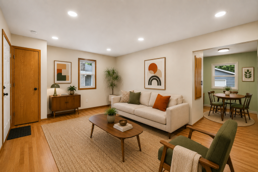 Virtually staged Living Room to Eating Area