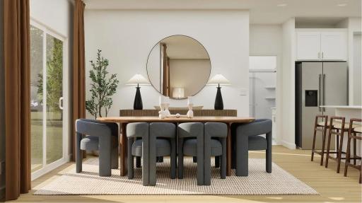 (Rendering, actual home's finishes will vary.) Connected seamlessly to the kitchen, the dining room provides a space for residents to enjoy meals at all times of day and night.