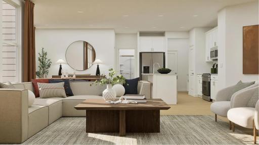 (Rendering, actual home's finishes will vary.) The central gathering place, the Great Room offers an ideal space for relaxing with loved ones and hosting gatherings, while effortlessly connecting to the rest of the home.