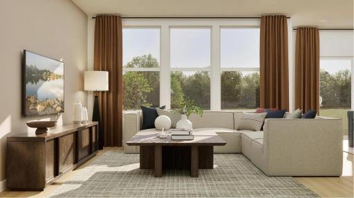 (Rendering, actual home's finishes will vary.) Large windows and an open layout make the Great Room feel even more expansive