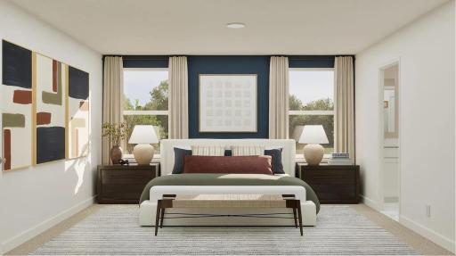(Rendering, actual home's finishes will vary.) For a relaxing retreat, the owner’s suite showcases a comfortable bedroom ideal for peaceful nights of sleep. It comes complete with an en-suite bathroom and an oversized walk-in closet.