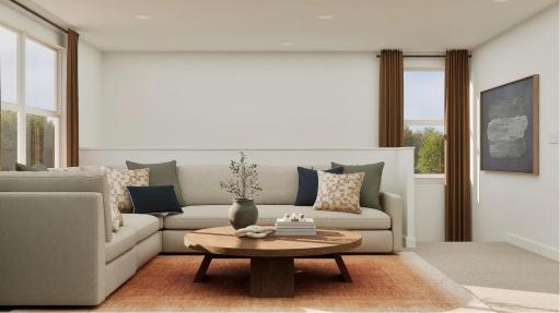 (Rendering, actual home's finishes will vary.) Upstairs is a generously sized loft to add more living and entertainment space in the home.