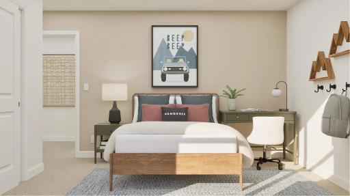 (Rendering, actual home's finishes will vary.) Each bedroom in the home includes a practical wardrobe closet and wall-to-wall carpeting for a plush underfoot feel.