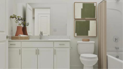 (Rendering, actual home's finishes will vary.) Arranged near the second-floor bedrooms, this bathroom offers privacy and convenience to assist with busy morning routines.