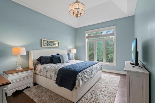 Primary on the main level with tray ceiling and large window offering lake and treed views.