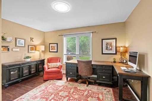 Spacious main level office features hardwood flooring. French doors welcome you to this beautiful space.