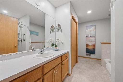 The primary walk-through bath has a large vanity and separate tub and walk-in shower.