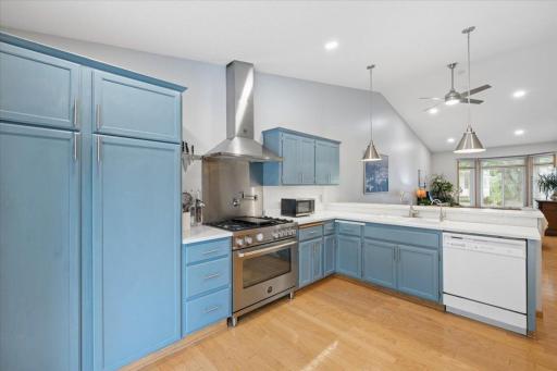 Beautiful gourmet kitchen with imported Bertazzoni gas range and hood. A chef's dream!