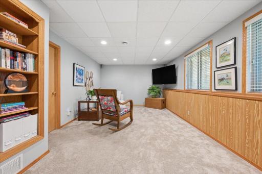 The lower level amusement room has two built-in bookcases and is the perfect spot for relaxing or watching TV.
