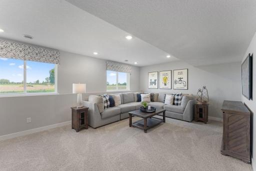 View of the lower level family room...Just a tremendous use of space!! Photo is of actual home. Colors and options may vary. Ask Sales Agent for details.