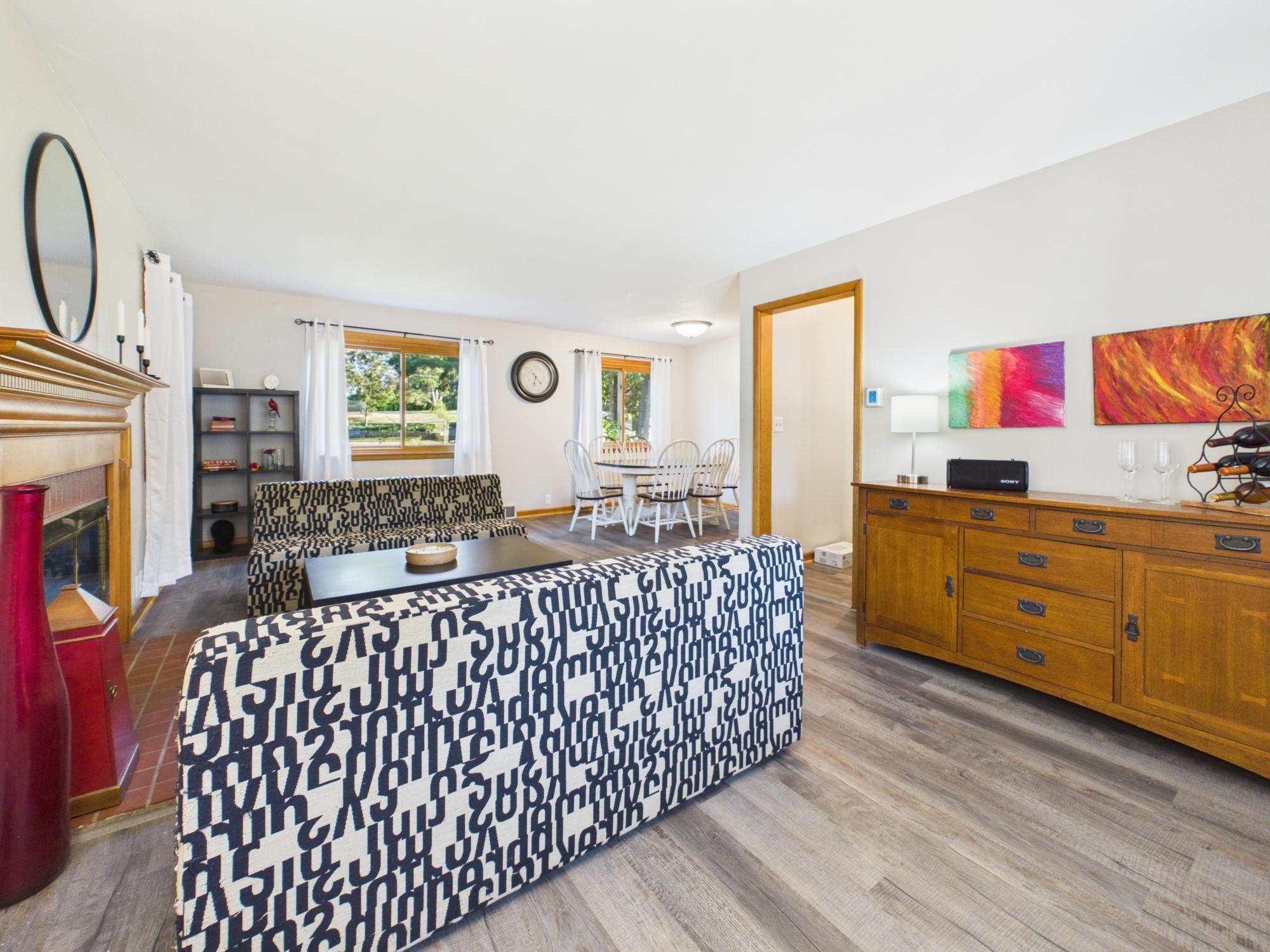 View from the living room toward the dining area, showing the easy flow between the main living spaces.