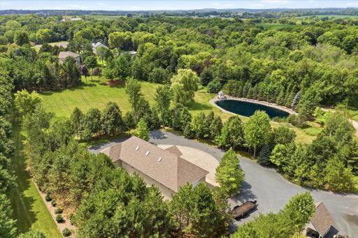Aerial view of 40x80 outbuilding and pond