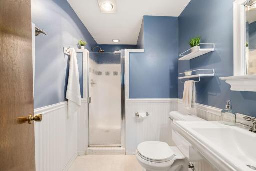 Bright lower level 3/4 bath with walk-in shower stall.