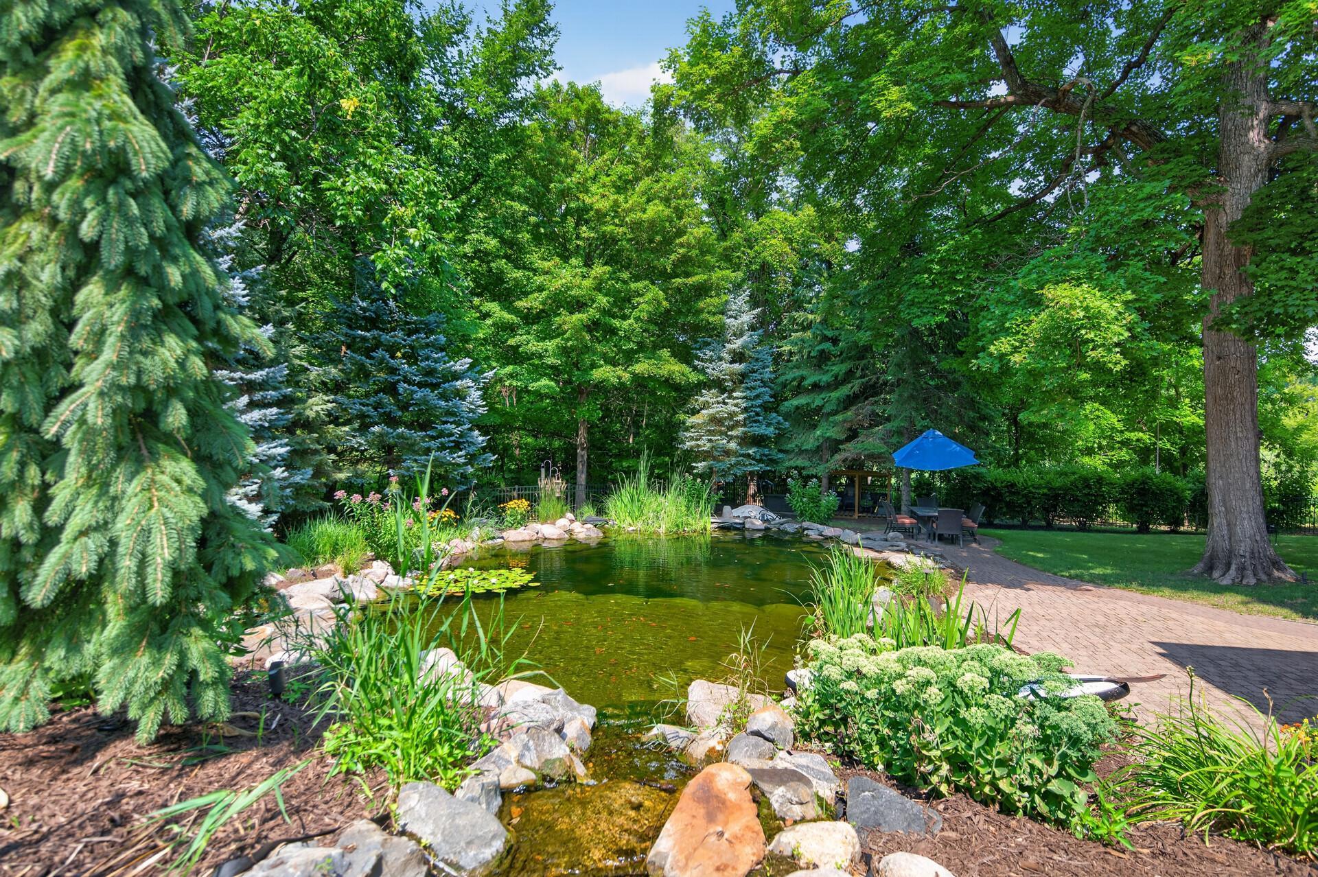A flat rock in the deep end creates the perfect jumping spot, while the pond gradually transitions from approximately 4 feet to 12 feet deep.