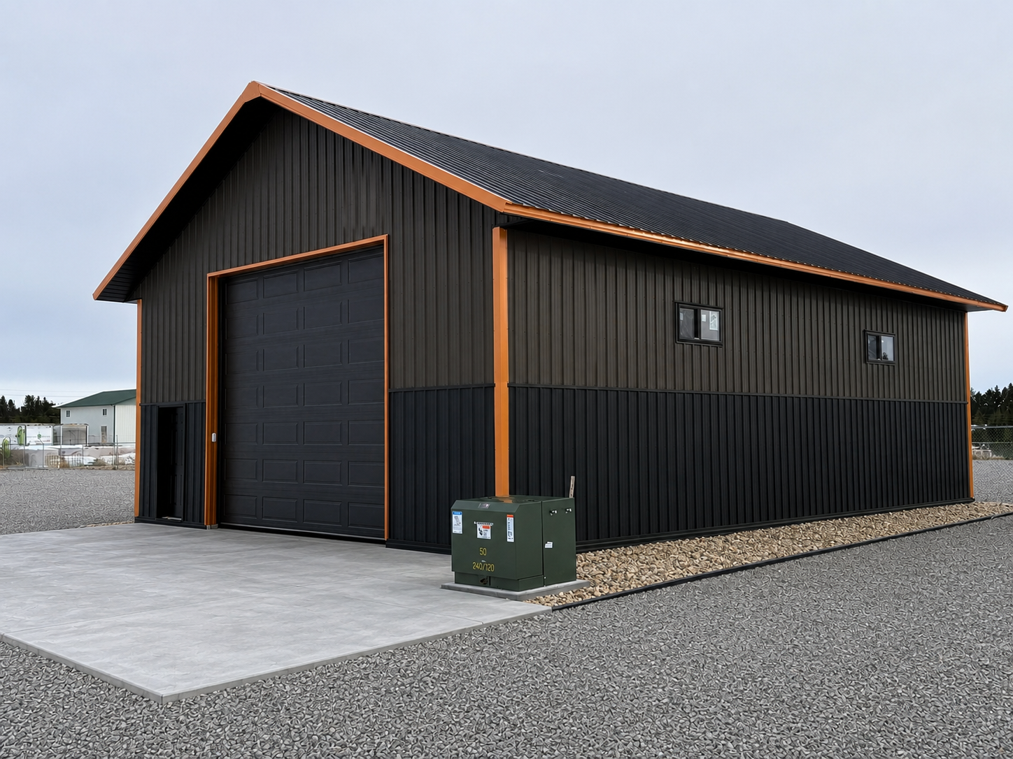 This is 32x48 building. Enhanced to show concrete apron and landscape edging.