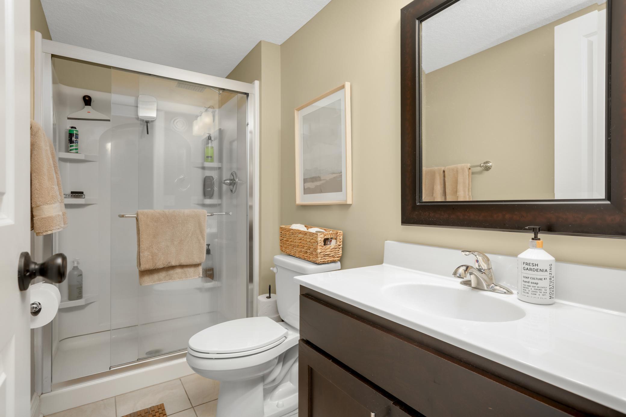 The lower level bathroom has a step in shower stall.