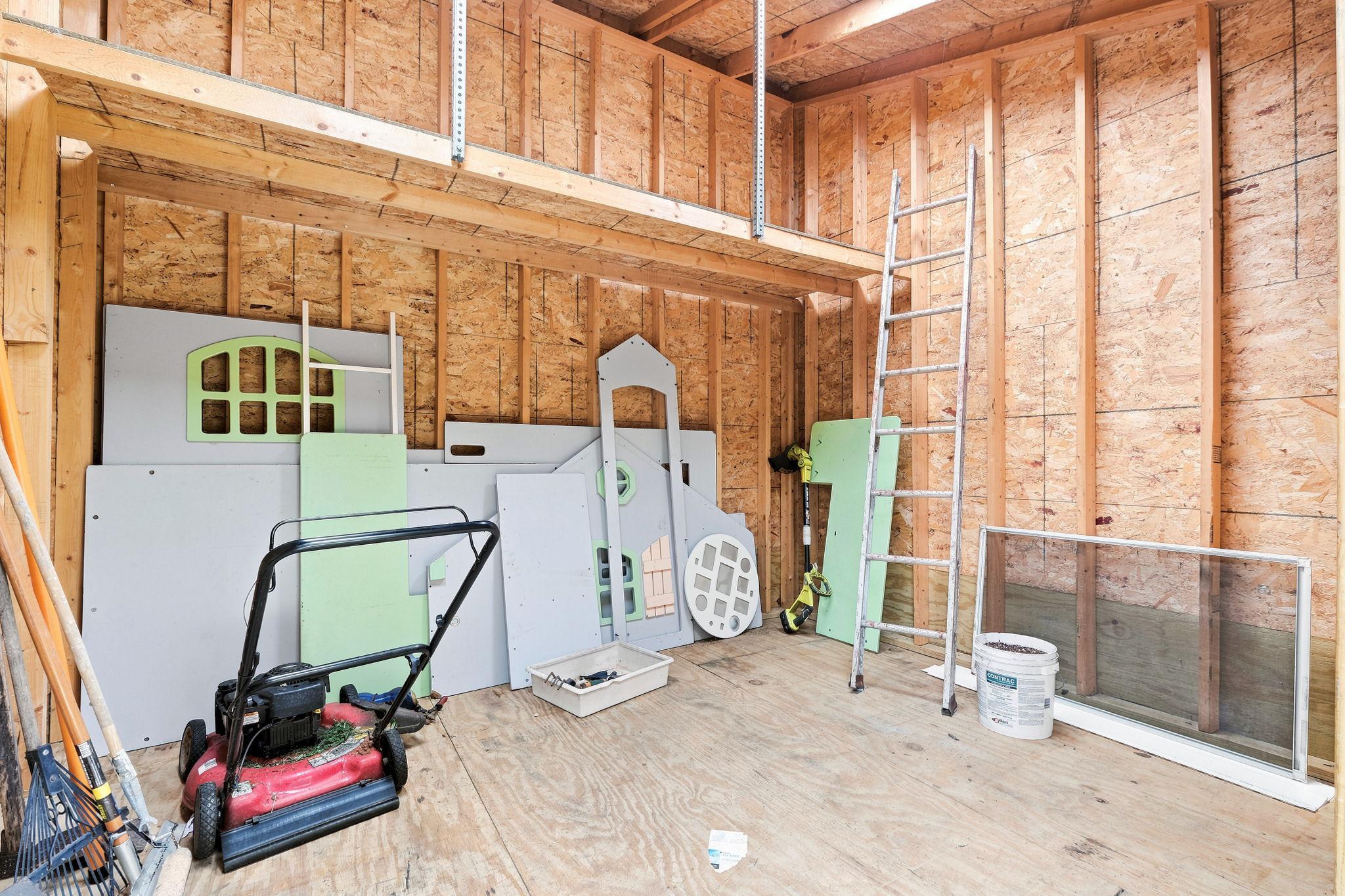 Shed has a lot of room and loft for more storage