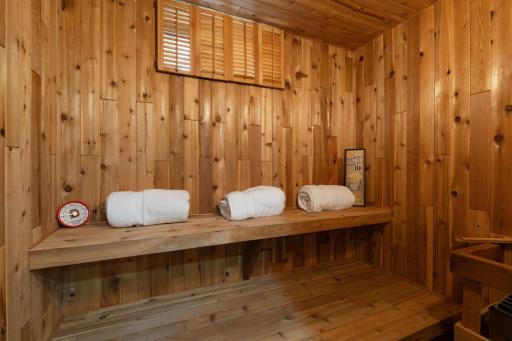 Basement-level sauna is conveniently accessed through the bathroom