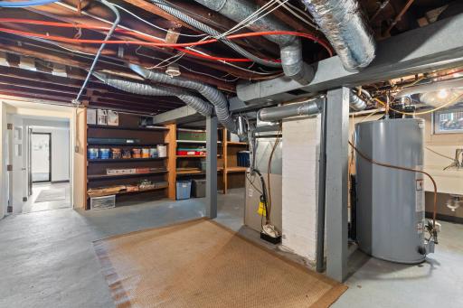 The lower-level basement offers abundant storage and a convenient hallway connecting to the bedroom, bathroom, and private sauna.