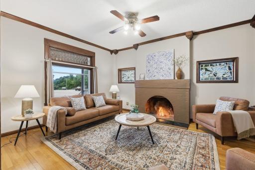 Tall ceiling and crown molding and stained glass windows