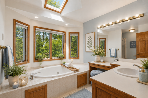 Primary bathroom virtual staged - displaying beautiful spa like oasis.