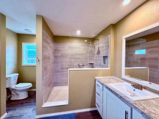 Master bath with walk in shower and dual sinks