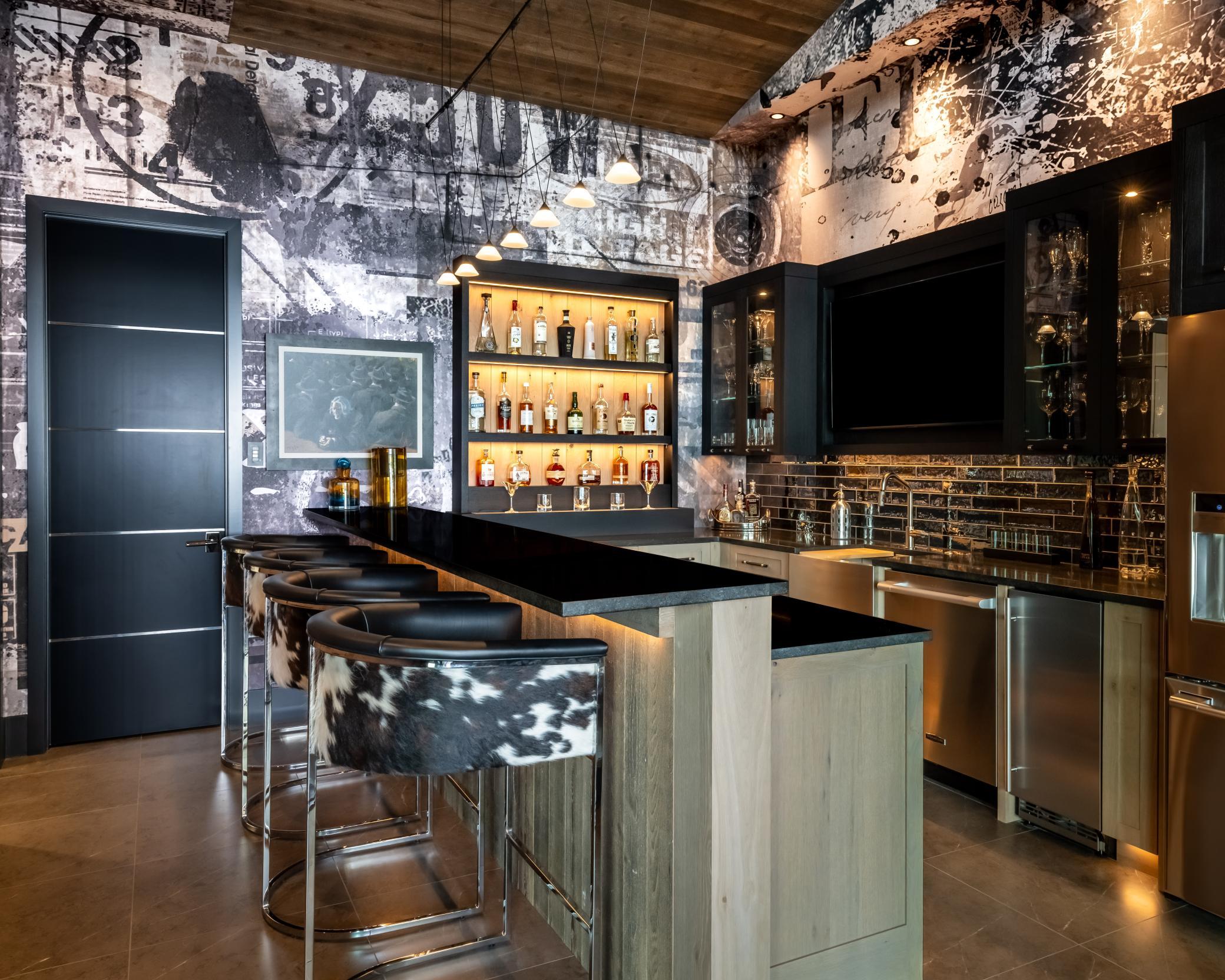 Main Floor Bar flows to Screen Porch with fireplace and to Outdoor Dining area