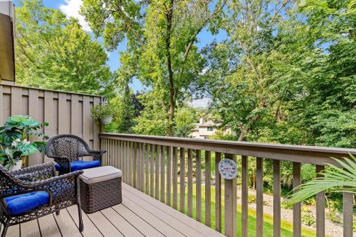 Surrounded by foliage and filtered sunlight, this quiet deck feels like a private escape just steps from the living room.
