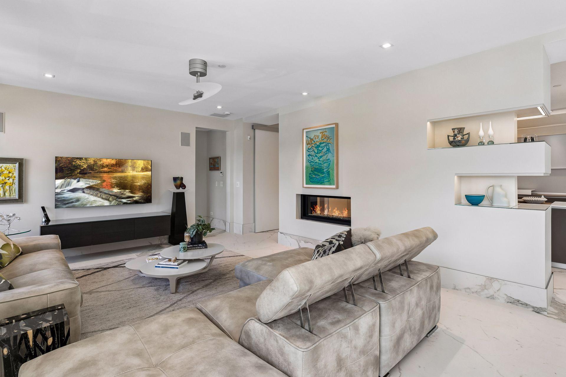 Double sided fireplace in the living room and kitchen