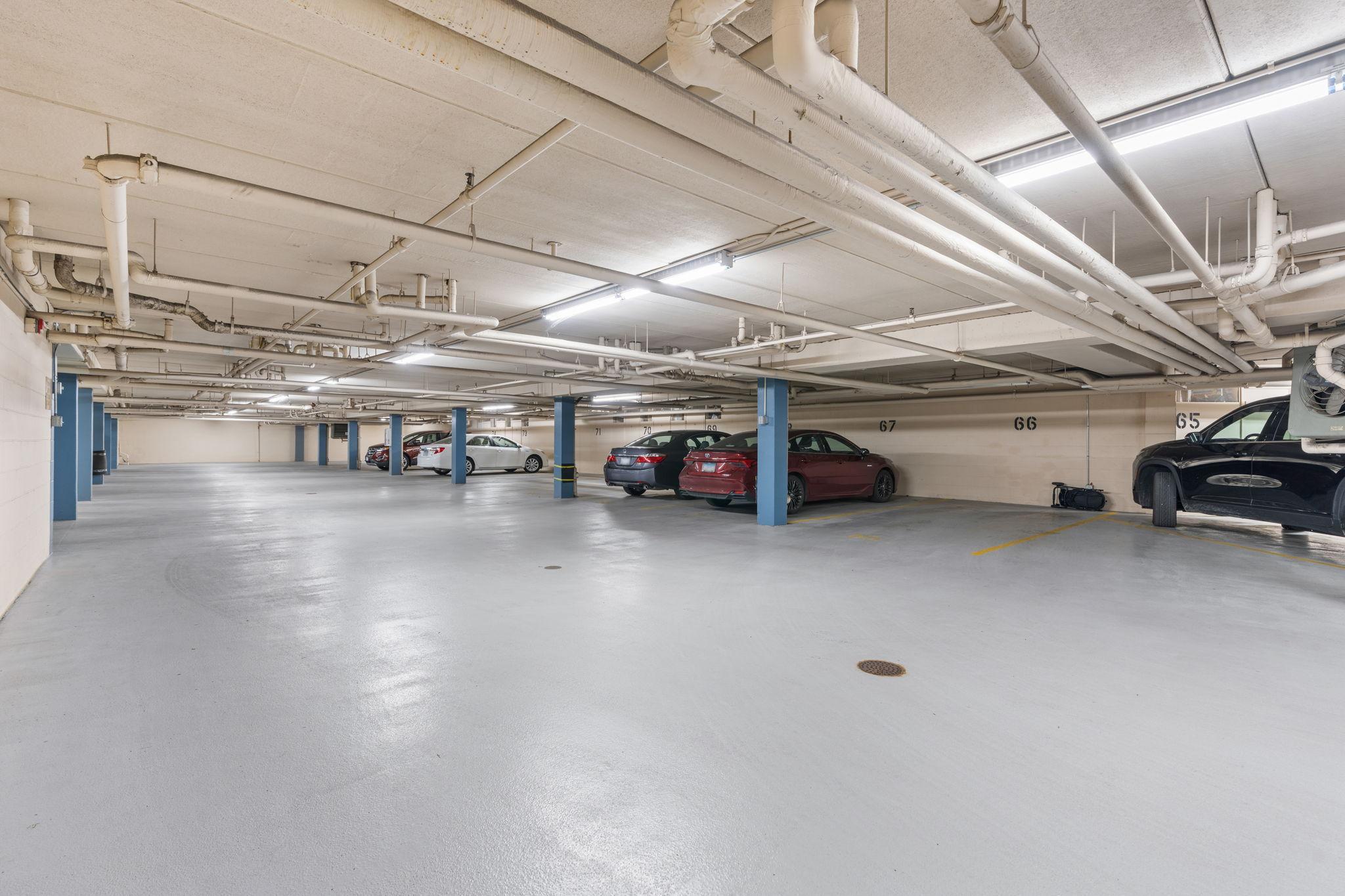 Heated underground garage. This unit comes with 2 side by side parking spots.