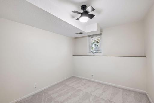 Third bedroom on lower level with ceiling fan.