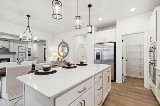 The kitchen is anchored by the large quartz kitchen island. This picture also shows the convenient pantry space.