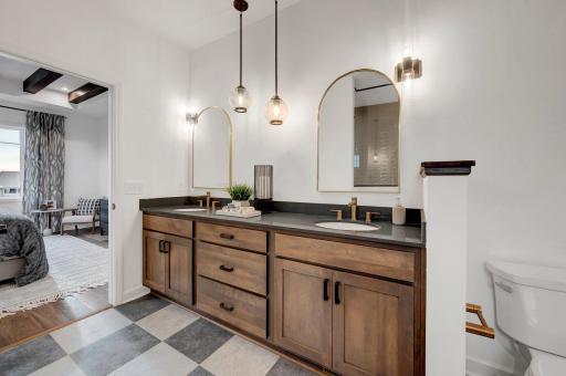 The owner's bath has everything you are looking for with a large two sink vanity, walk in shower and look at all the storage space! (model photo)