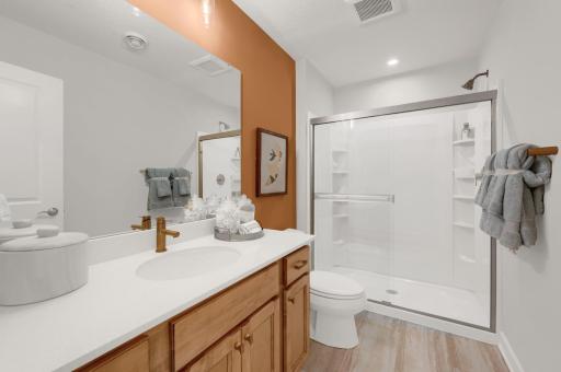 The lower level bath is stunning and spacious! It is ideal for servicing the lower level rec room and lower level bedroom. (model photo)