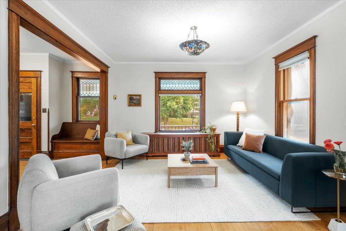 Lead glass and original woodwork define this space
