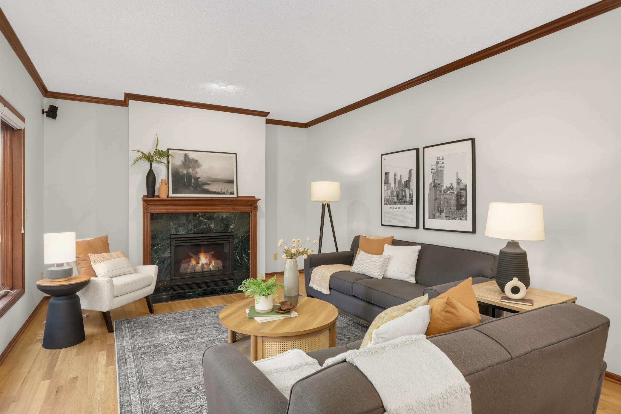 Main floor family room with gas fireplace