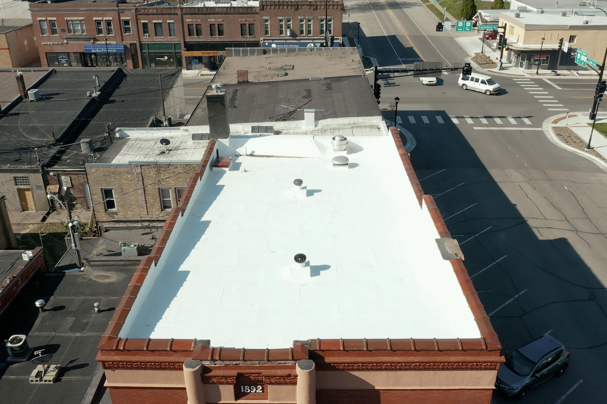 Aerial view of new 60 mil TPO Membrane roof installed in 2022