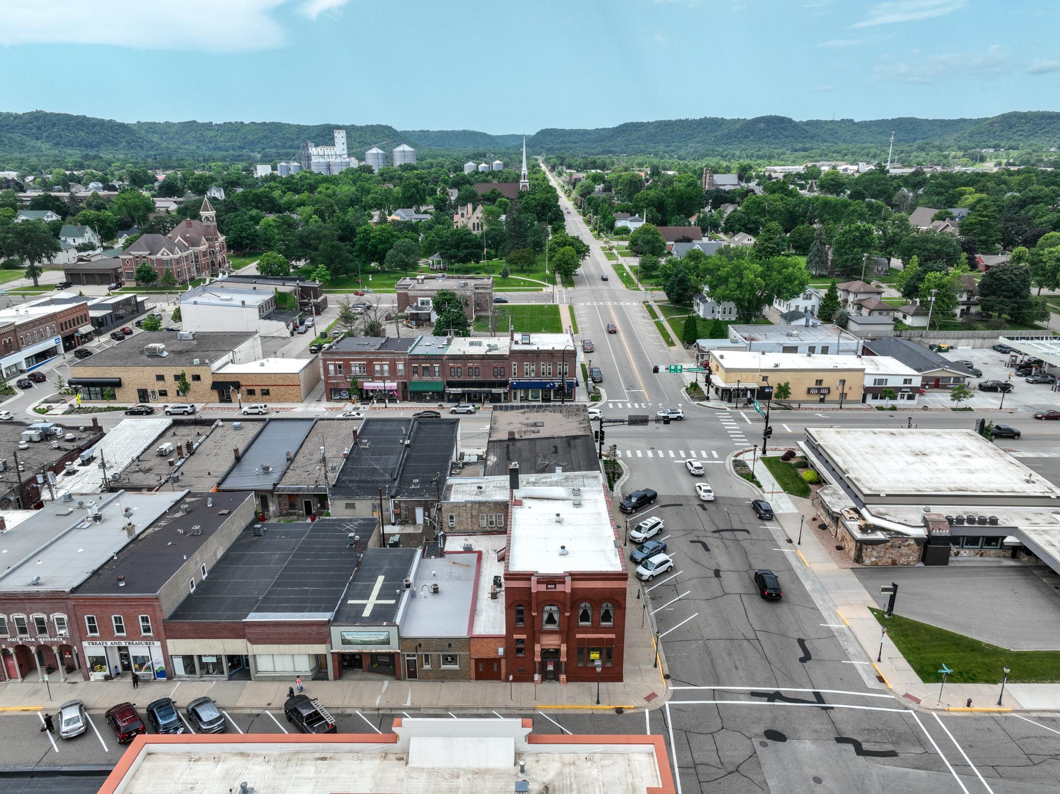 Aerial view of the front of the building