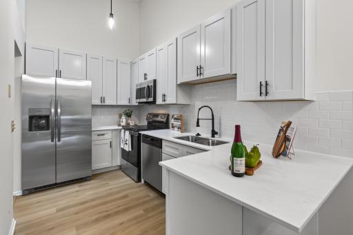 Main level: kitchen with all new cabinets, quartz counters, backsplash, stainless appliances