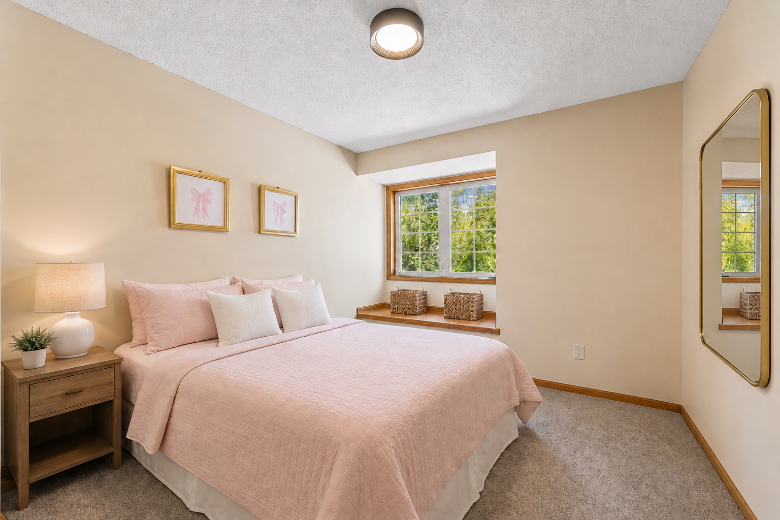 Virtually staged to showcase the versatility of the third upper-level bedroom. This spacious room also features a charming window seat, creating a cozy nook for reading or relaxing.
