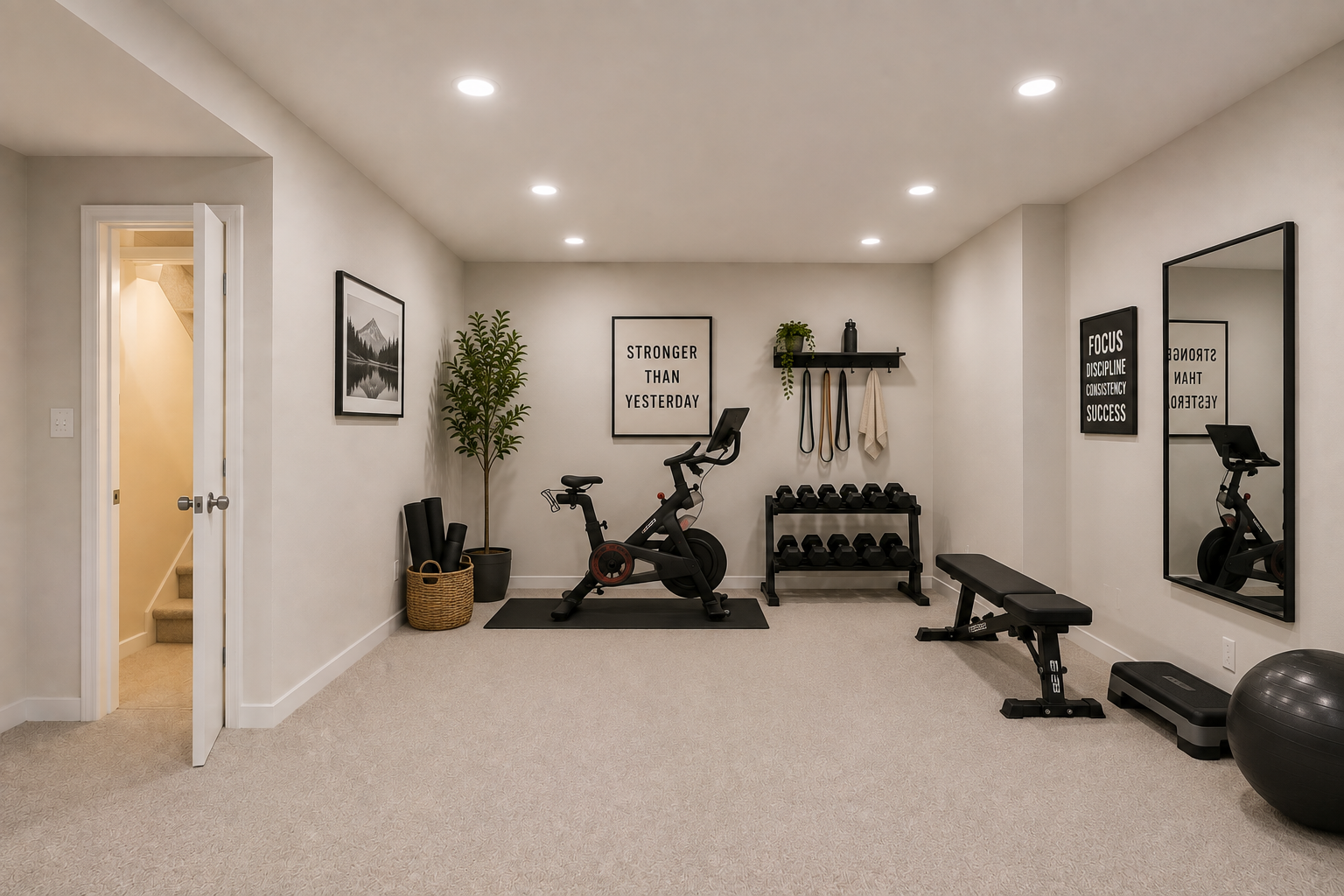 Imagine the possibilities! This rendering illustrates how a portion of the unfinished lower level could be transformed into a bright, functional workout room or flex space.