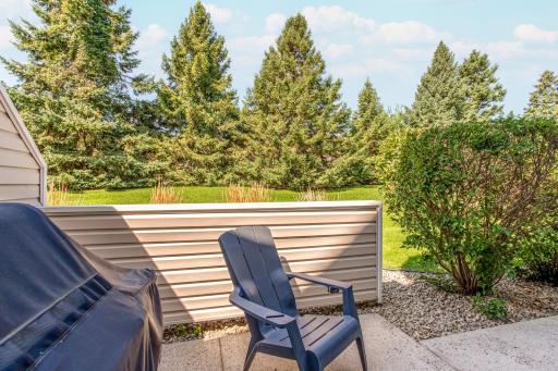 Peaceful patio setting with a beautiful green backdrop and mature trees creating added privacy.