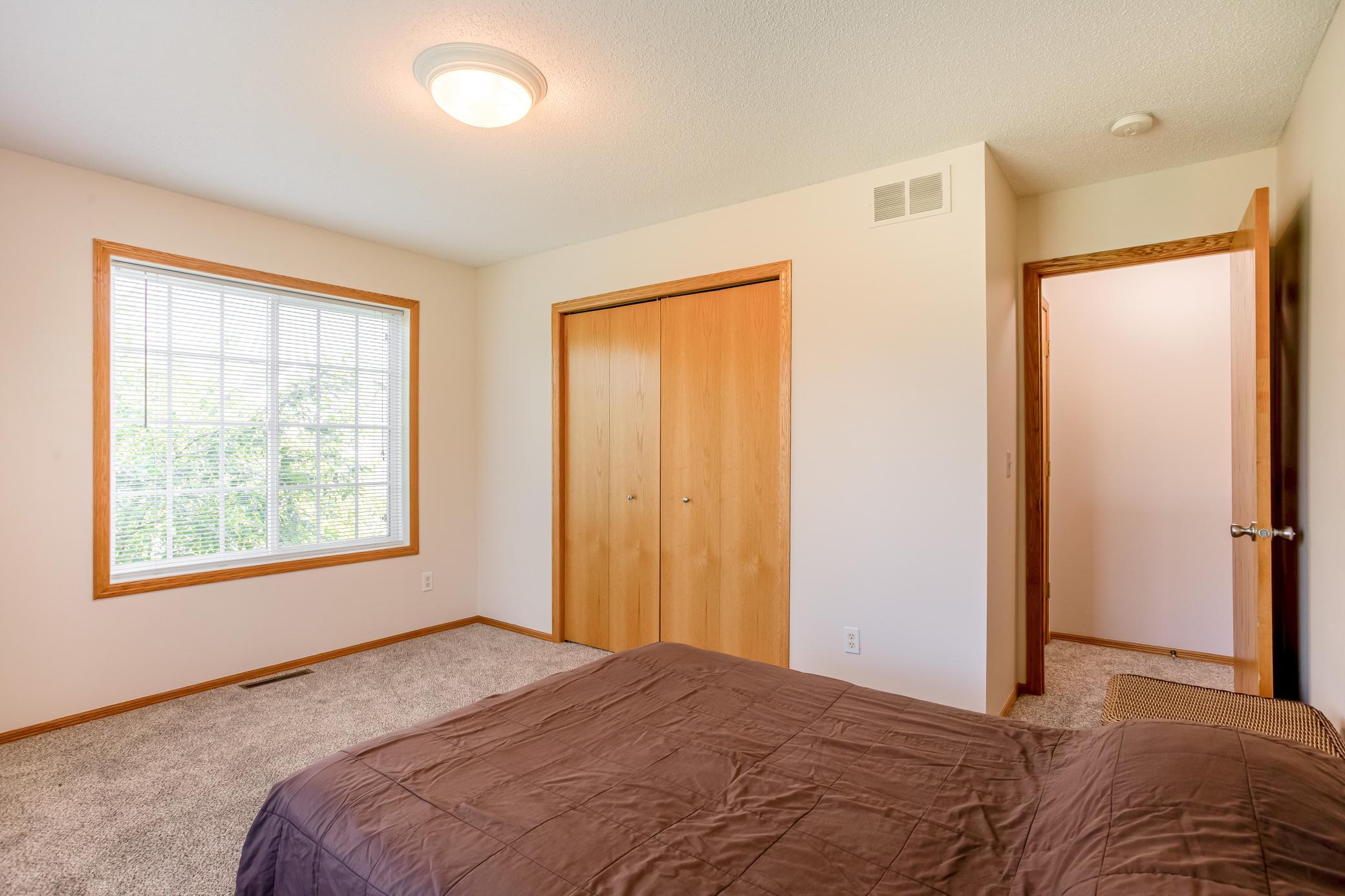 Bright and comfortable bedroom with brand-new carpet, a large window, and generous closet space.