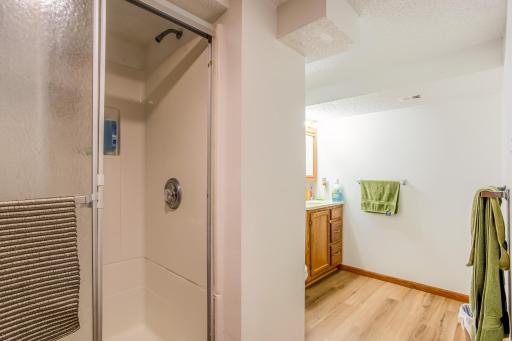 Additional view of the lower-level bathroom showcases the vanity area and easy-care flooring.