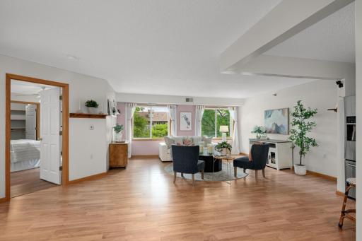 Open dining space that flows seamlessly into the living room and kitchen