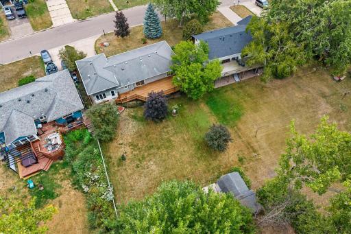Private backyard w/ mature trees, green space + two storage sheds
