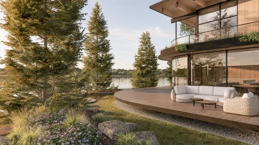 Incredible mature pines frame the views from this Minnesota Modern home. Lush mature landscaping with rock outcroppings bring an "up north" feel to this premier lakeshore property