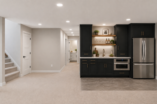 Virtually staged lower level wet bar area with a full-size fridge and microwave!